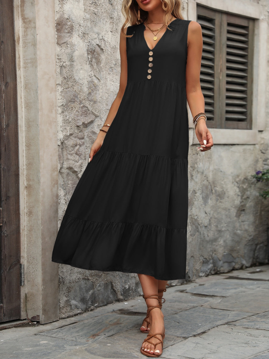 Decorative Button Notched Sleeveless Dress