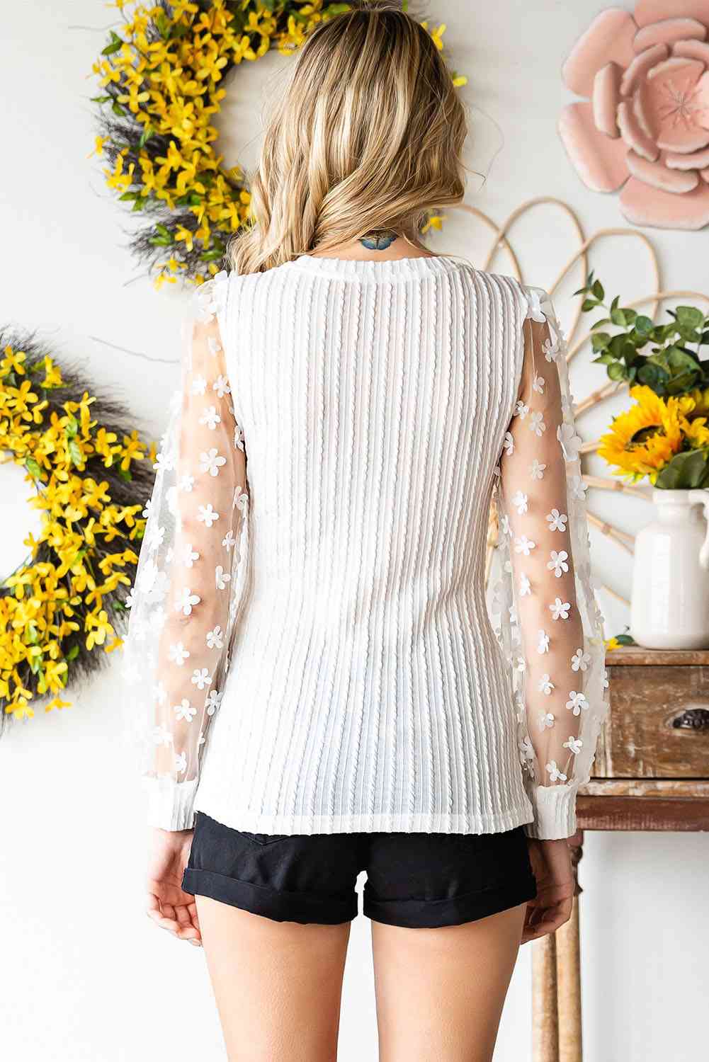 Double Take Textured Applique Long Sleeve Blouse